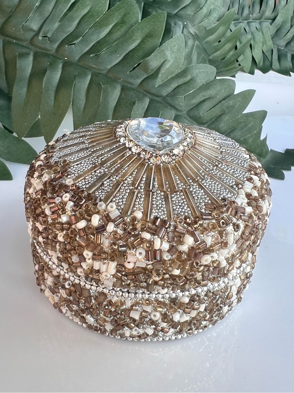 Beaded Decorative Trinket Tin with Jewel Accent